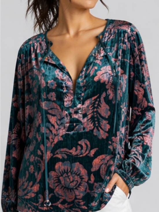 Anthropologie Tops - Anthropologie Velvet Floral Blouse – Boho Romantic Top, Teal With Pink, Shiny